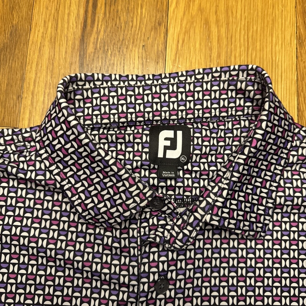 FootJoy Polo Shirt Men XL Purple Geometric Golf All Over Print Sleeve Tree Patch - Picture 2 of 6